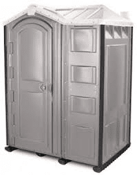 Portable gray outhouse with door and side panels.