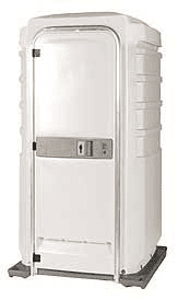 White portable toilet on a gray base, outdoors.