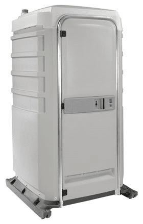 Gray portable toilet with a closed door, outdoors.