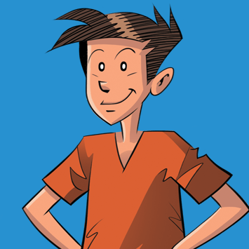 Gabriel : Un garçon de dessin animé dans une chemise orange sourit avec ses mains sur ses hanches