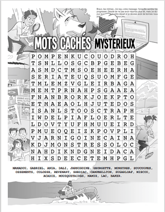 Un puzzle de recherche de mots en noir et blanc avec une photo d'une famille.