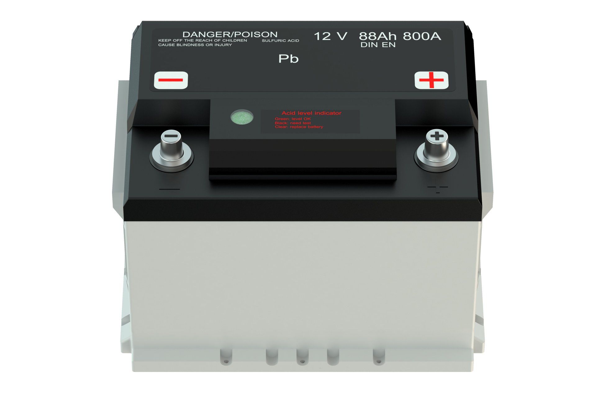 A car battery with a green light on it