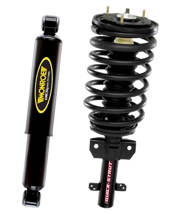 A monroe shock absorber and a black strut on a white background