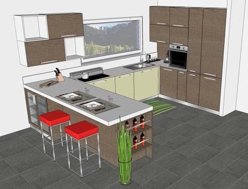 progetto per cucina con bancone in legno
