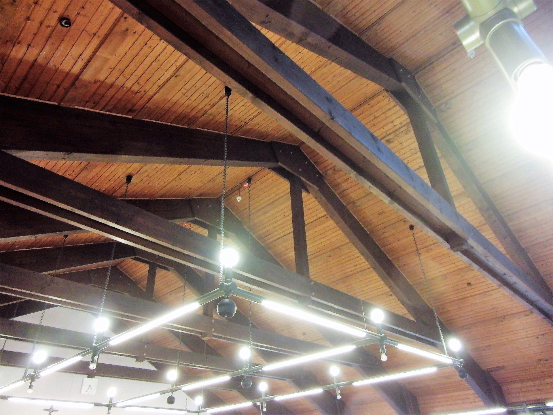 Eine Holzdecke mit vielen Lichtern daran hängen