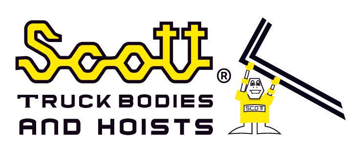 The logo for scott truck bodies and hoists is yellow and black.