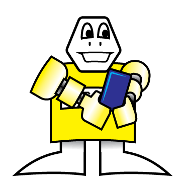 A cartoon robot is holding a blue object in his hands.