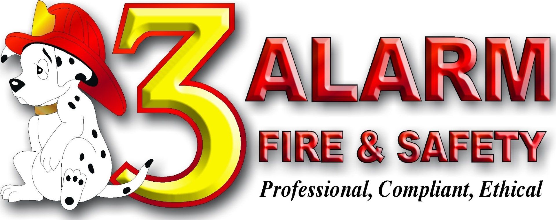 3 Alarm Fire & Safety logo with a Dalmatian mascot and red/yellow text