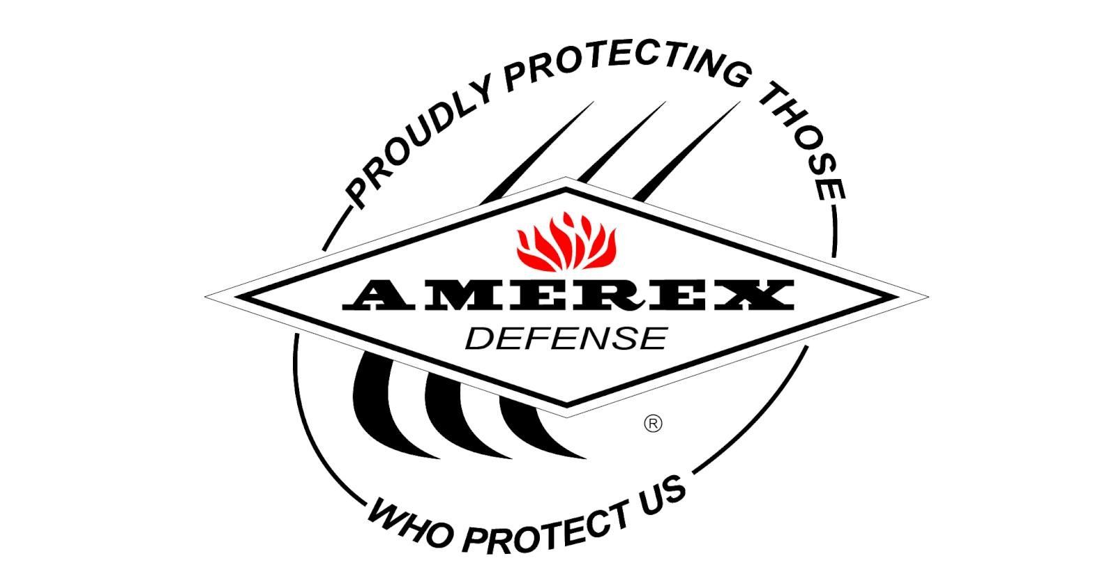 Black-and-white AMEREX DEFENSE logo with a red emblem and circular text, “Proudly protecting those who protect us”