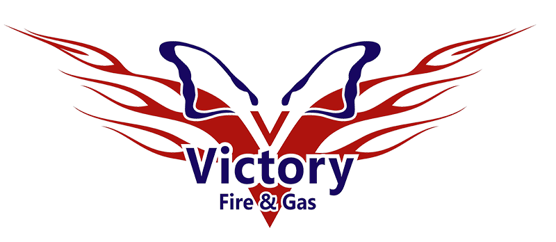 Victory Fire & Gas logo with red wings and blue text on a white background
