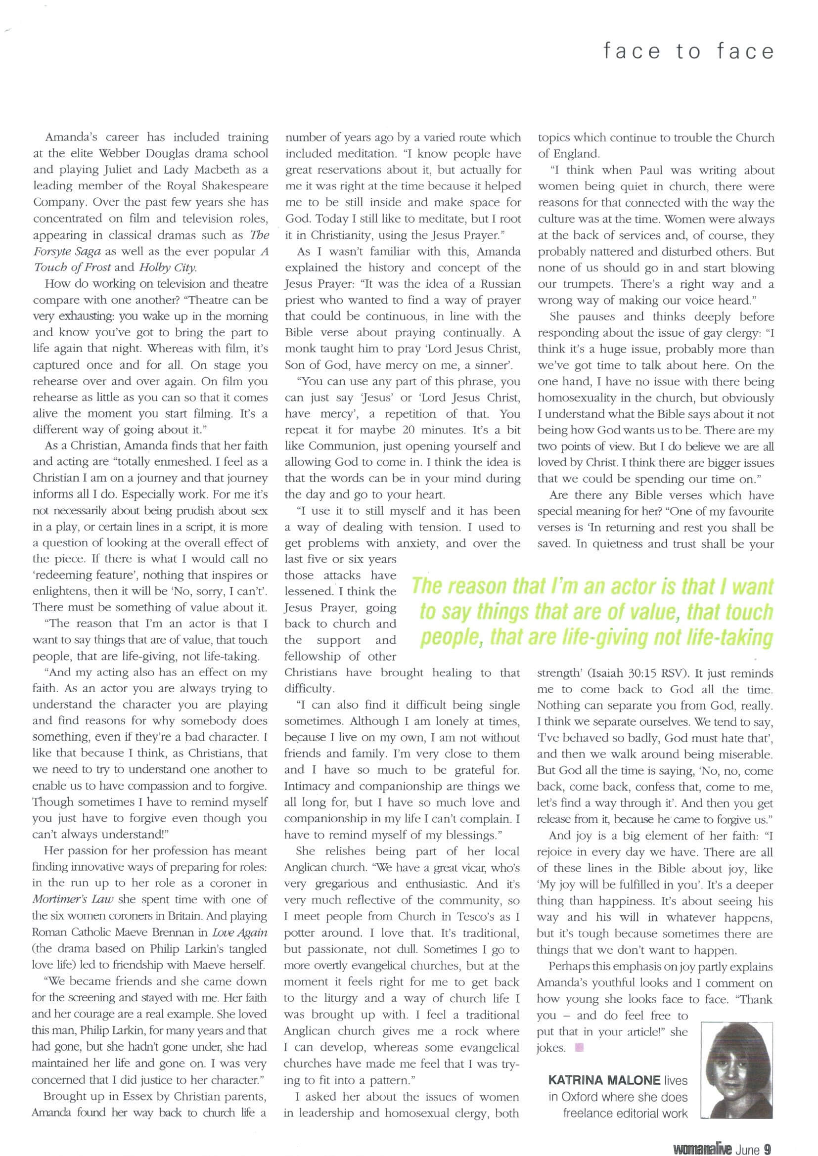 A page of text from a magazine featuring a pull-quote in green font and a small headshot photo of a person at the bottom.