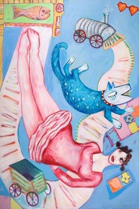 A whimsical painting featuring a figure in a red dress, a blue creature, a train, and floating objects on a blue background.