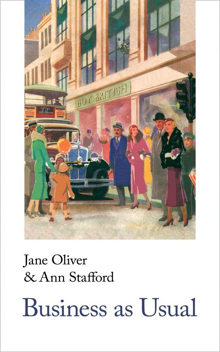 Book cover with an illustration of people on a city street near a storefront and a vintage car, titled 