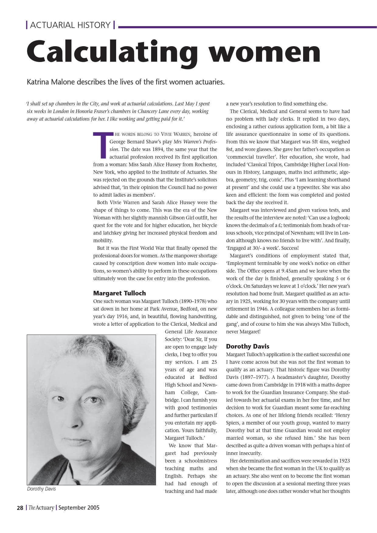 Black-and-white portrait of Margaret Dakin against a plain background, illustrating an article about women in actuarial work.