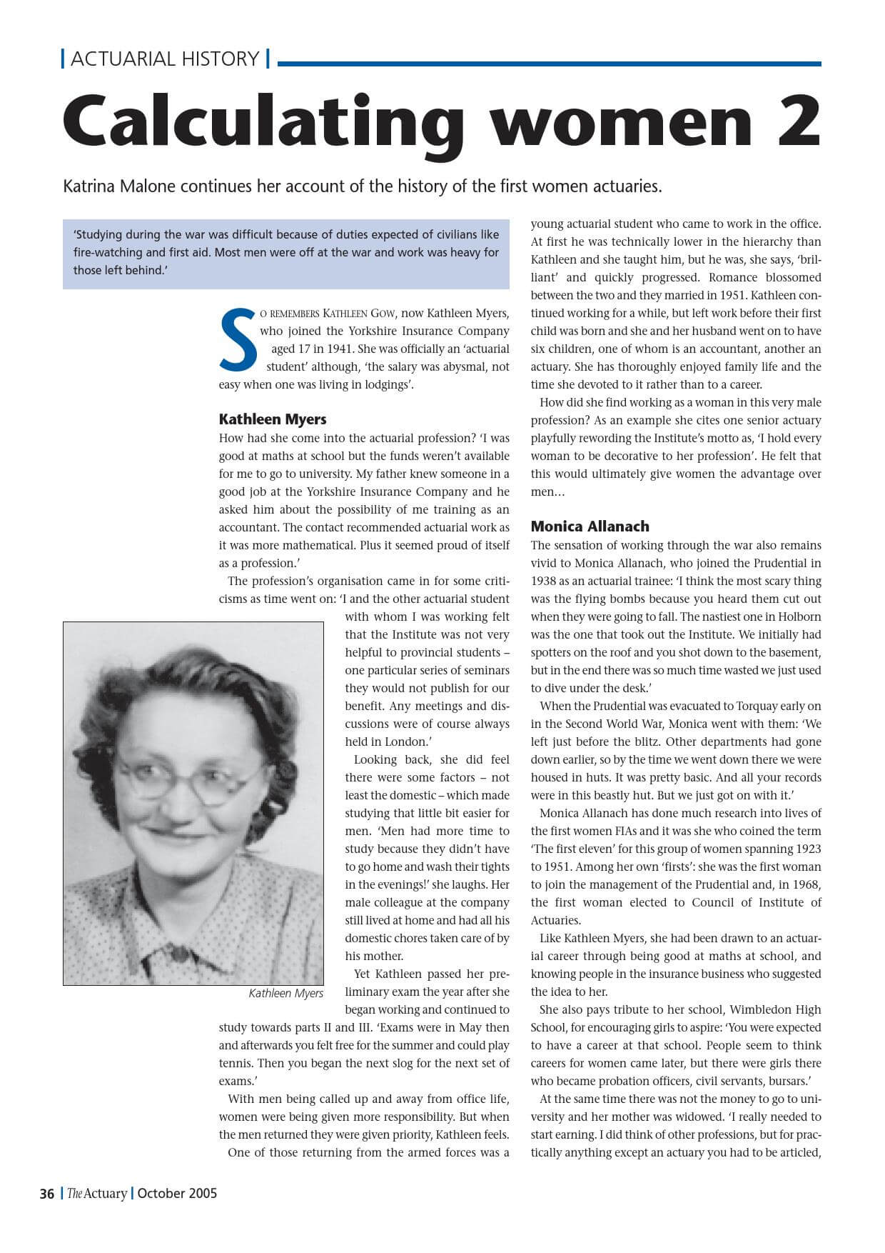 A black-and-white portrait of a smiling woman with glasses, included in an article titled