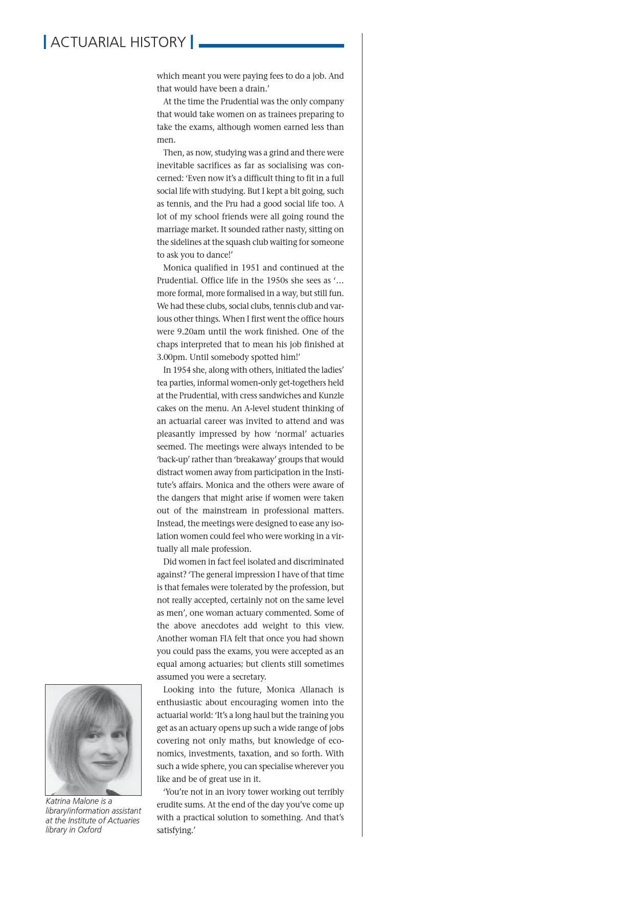 Text about actuarial history featuring a headshot of Lucy Snelgrove, a partner at Actuarial Partners.