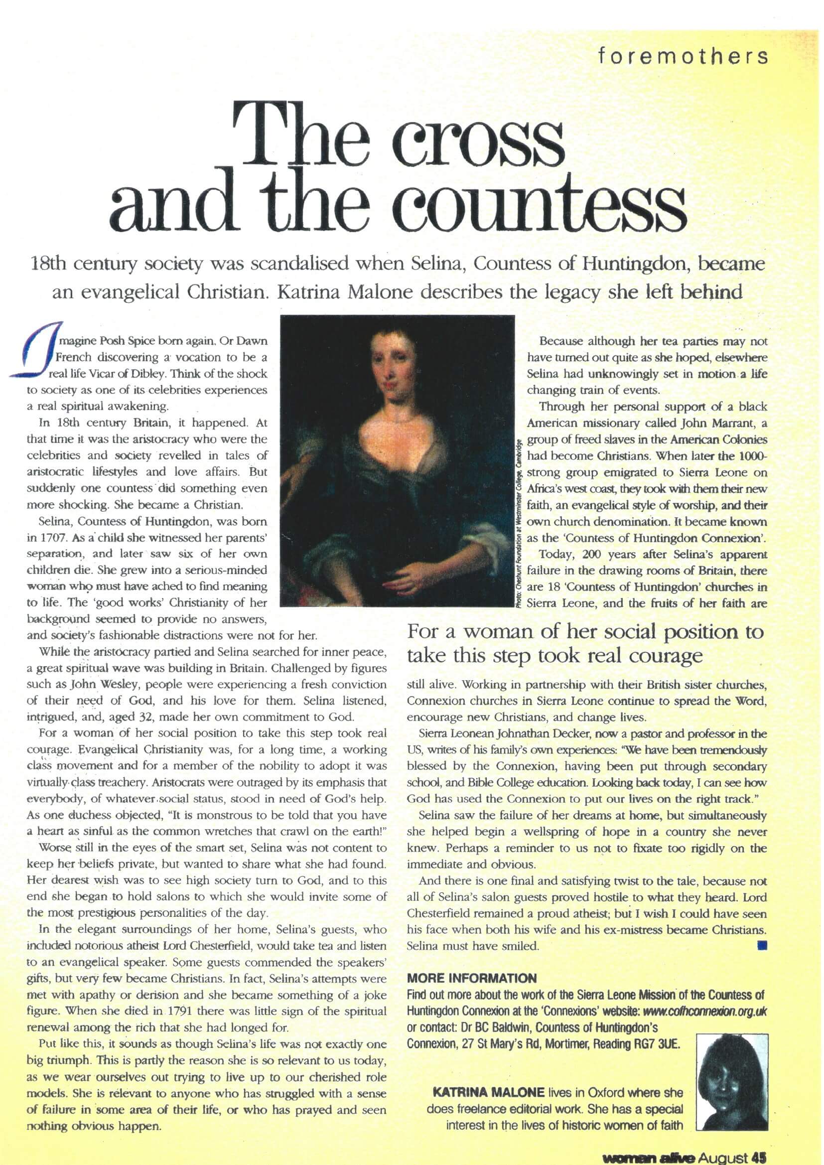 A portrait of a woman in a dark dress centered within an article titled