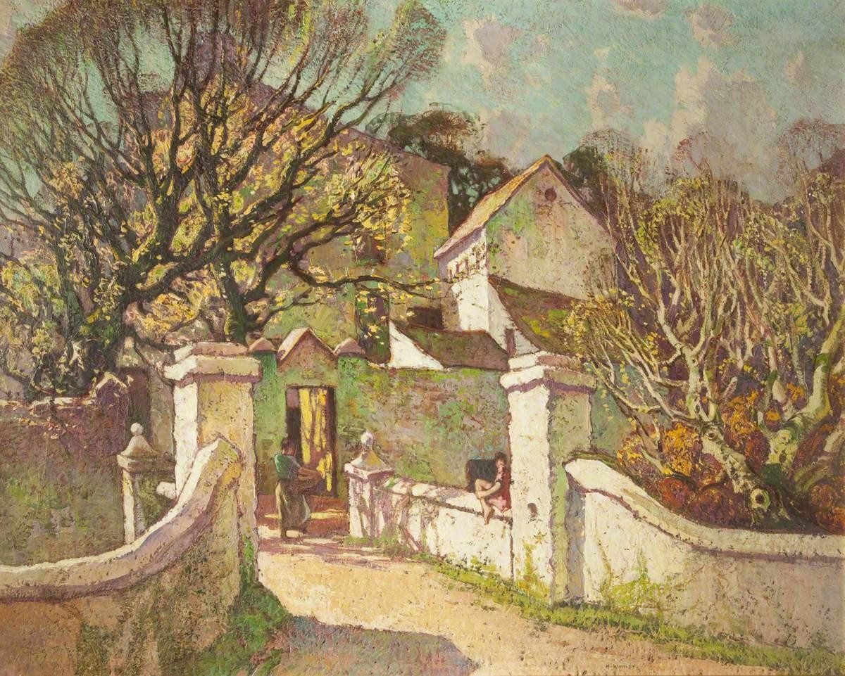Impressionist painting of a sunlit garden entrance with stone walls, bare trees, and figures near a green doorway.