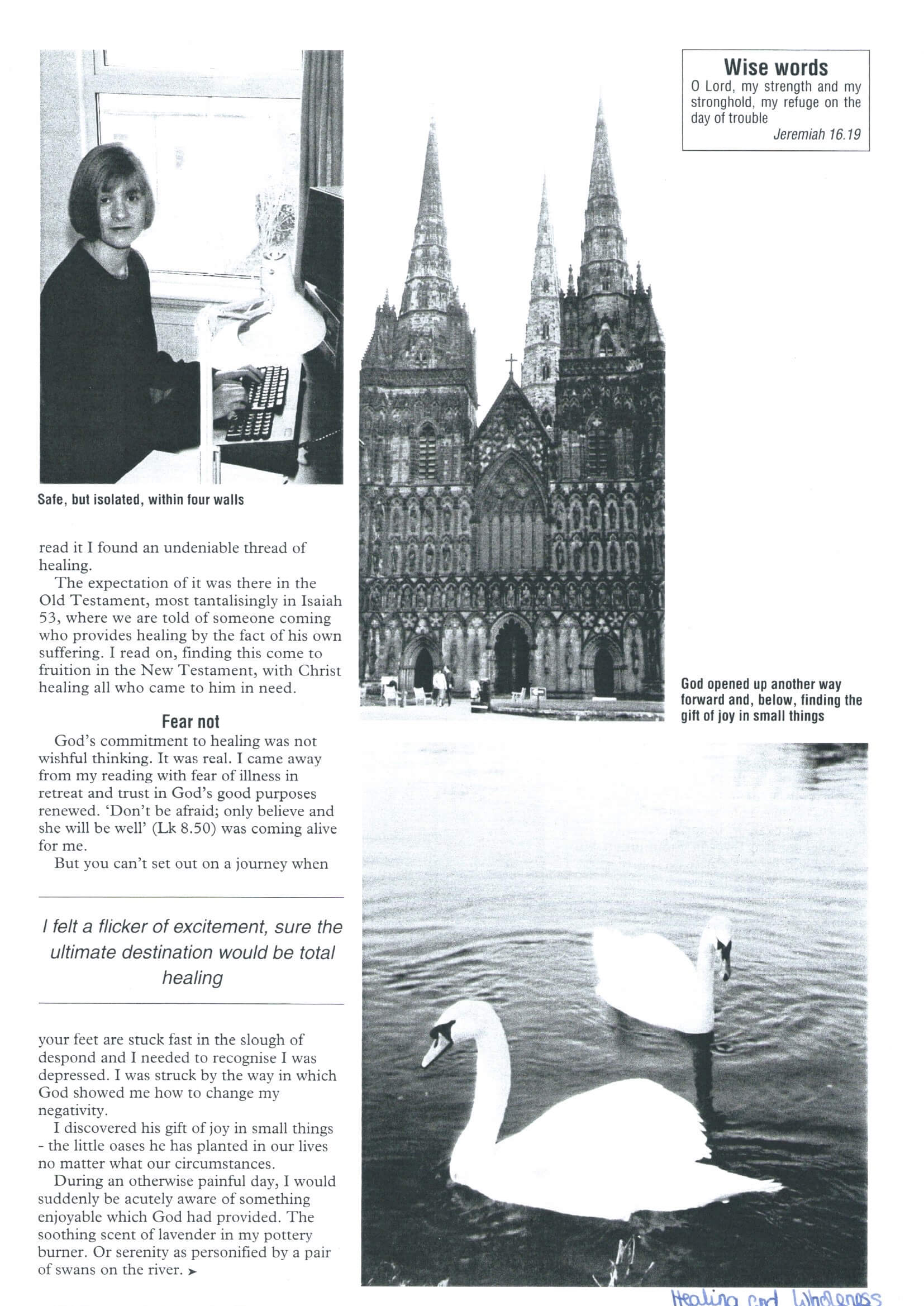 A collage featuring a person at a desk, a large Gothic cathedral, and two swans swimming in water.