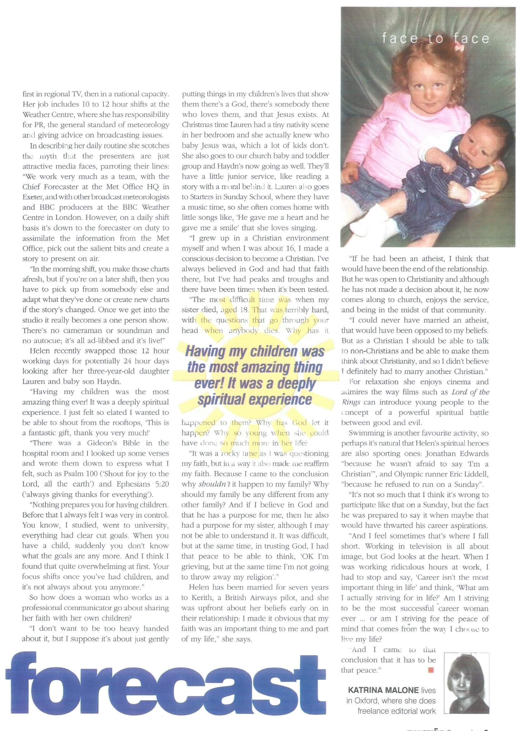 A magazine page featuring text, a photo of two children, and the word