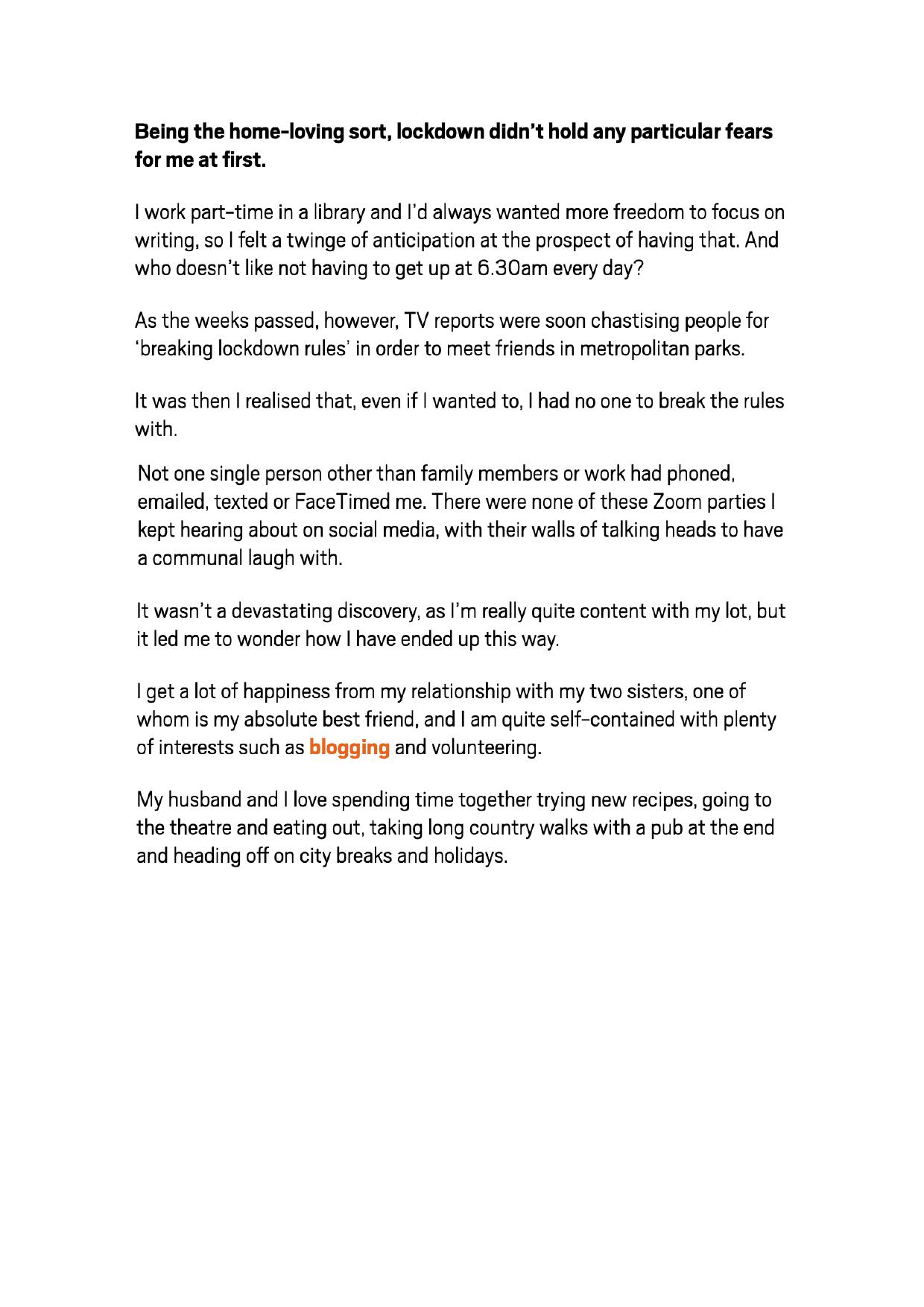 A text document containing a personal reflection about working from home, family relationships, and life during the pandemic.