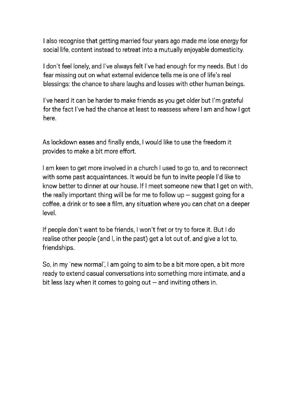 A text document detailing personal reflections on social life, friendship, and goals for being more open.