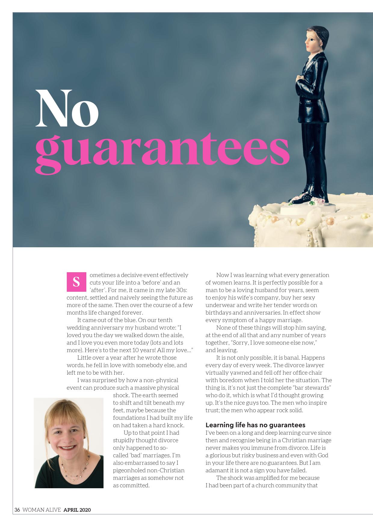 A wedding cake topper of a person in a suit stands on the edge of a cake above the text