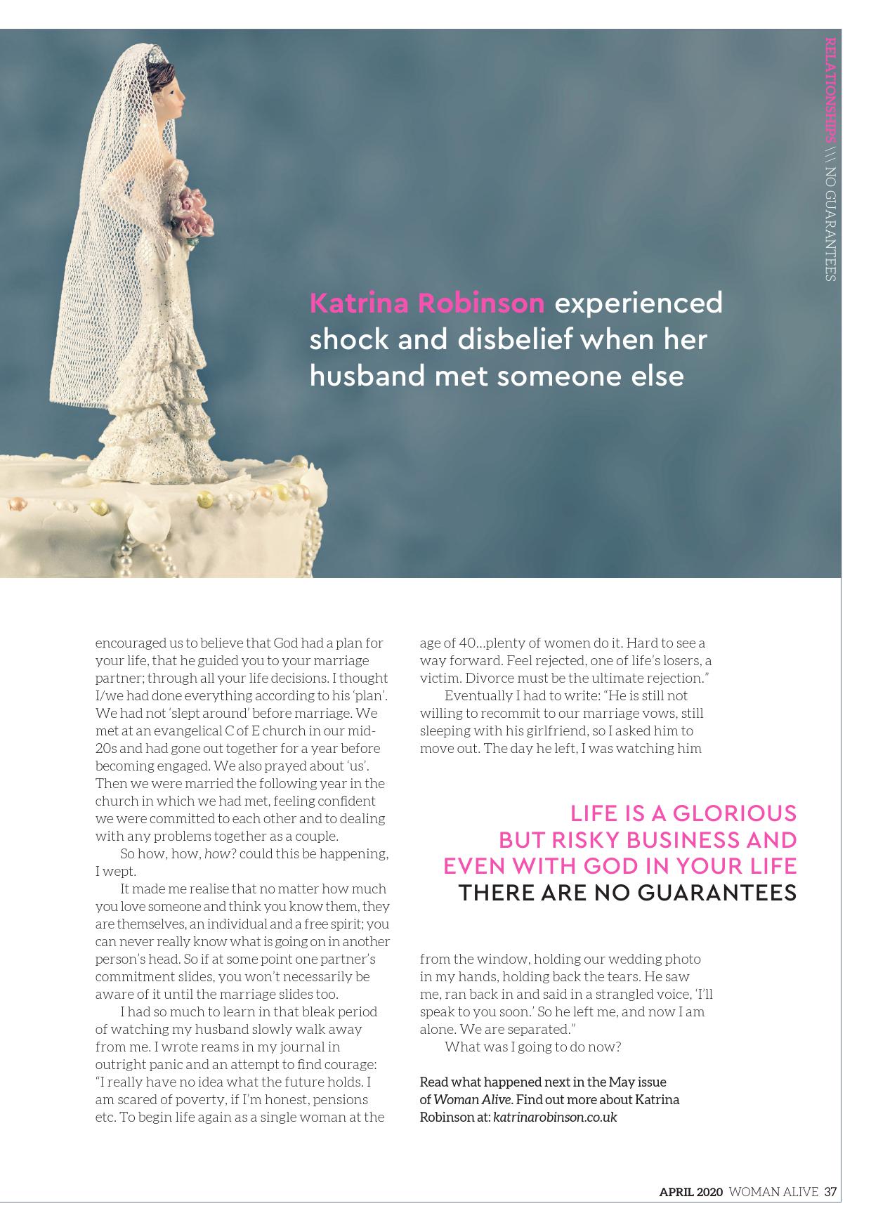 A wedding cake topper of a bride standing on the edge of a cake, next to text about infidelity and life's uncertainties.