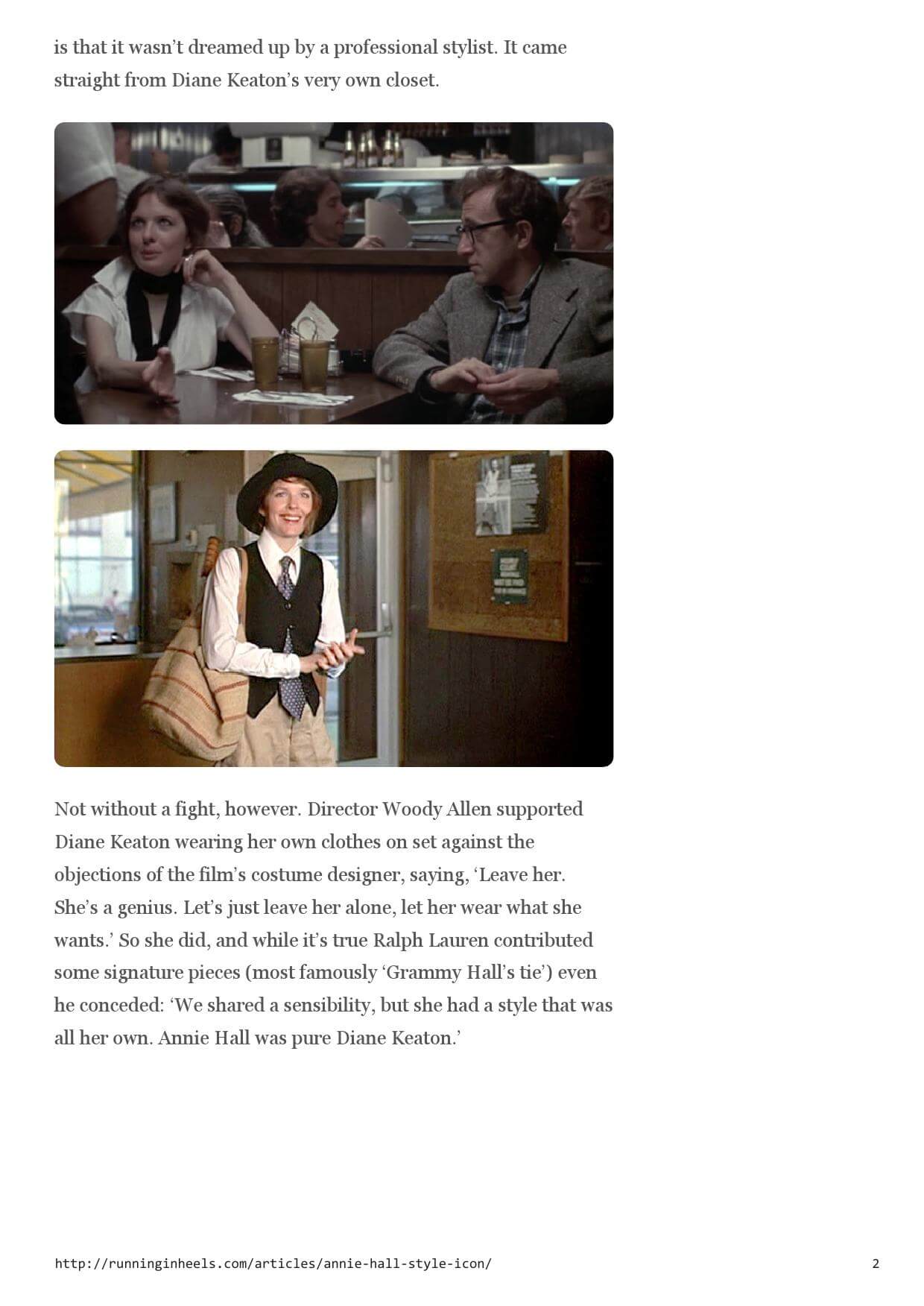 Two images of Diane Keaton in outfits featuring a white button-down shirt, a vest, and a tie, from the film Annie Hall.