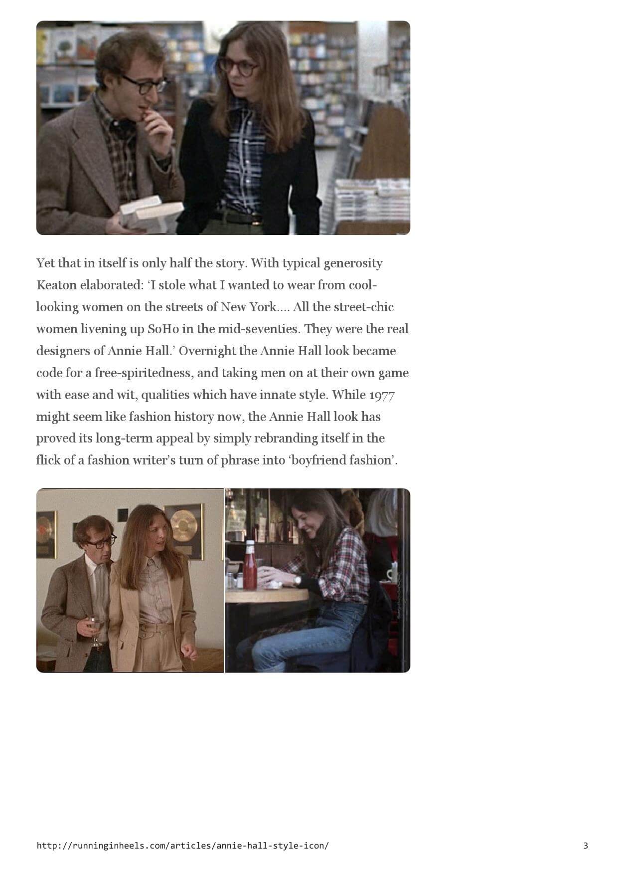 Three stills from the film Annie Hall showing the two main characters in a bookstore, a conversation, and a diner setting.