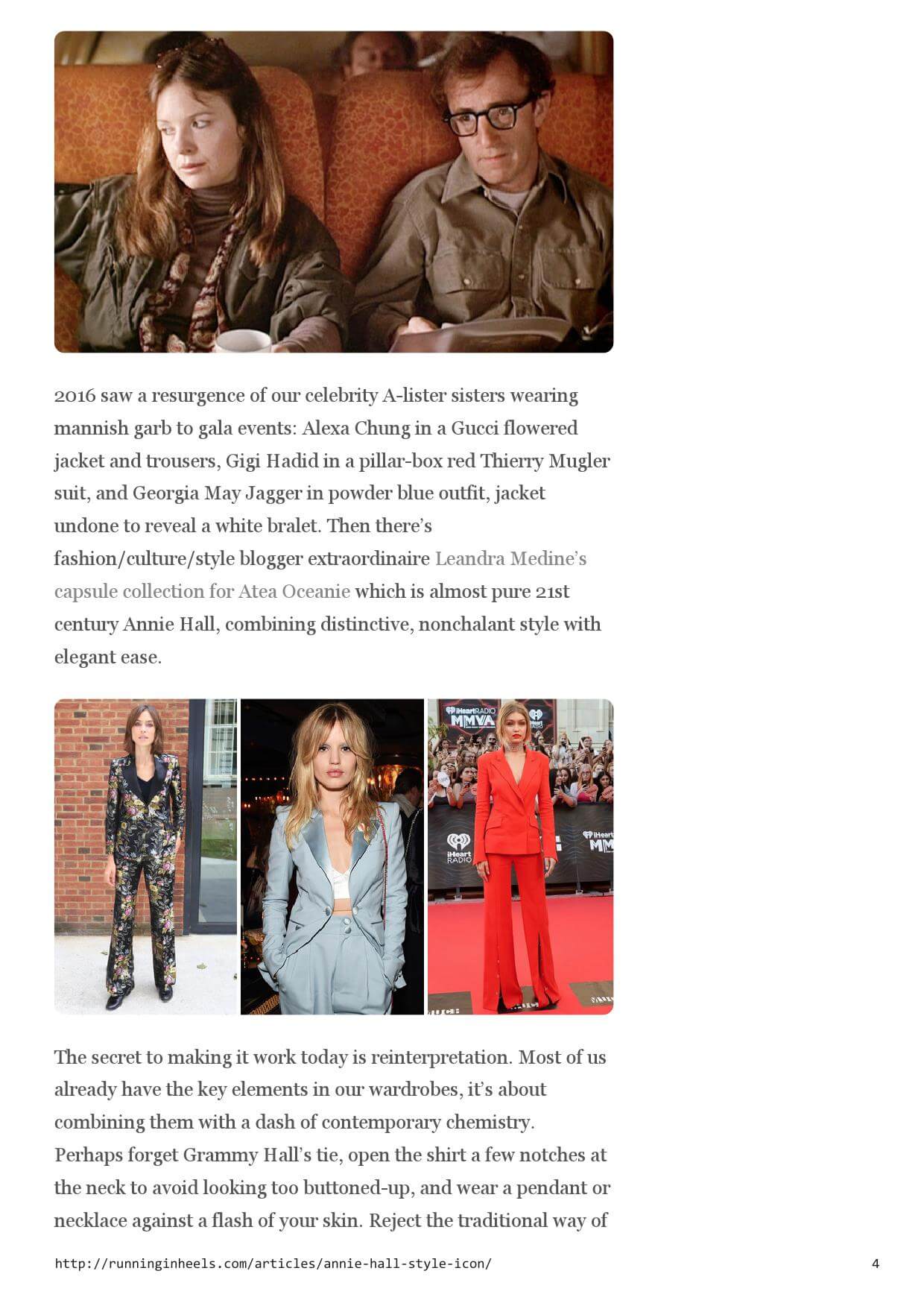 A collage featuring a still from the film Annie Hall alongside three models wearing modern pantsuits in patterned styles.