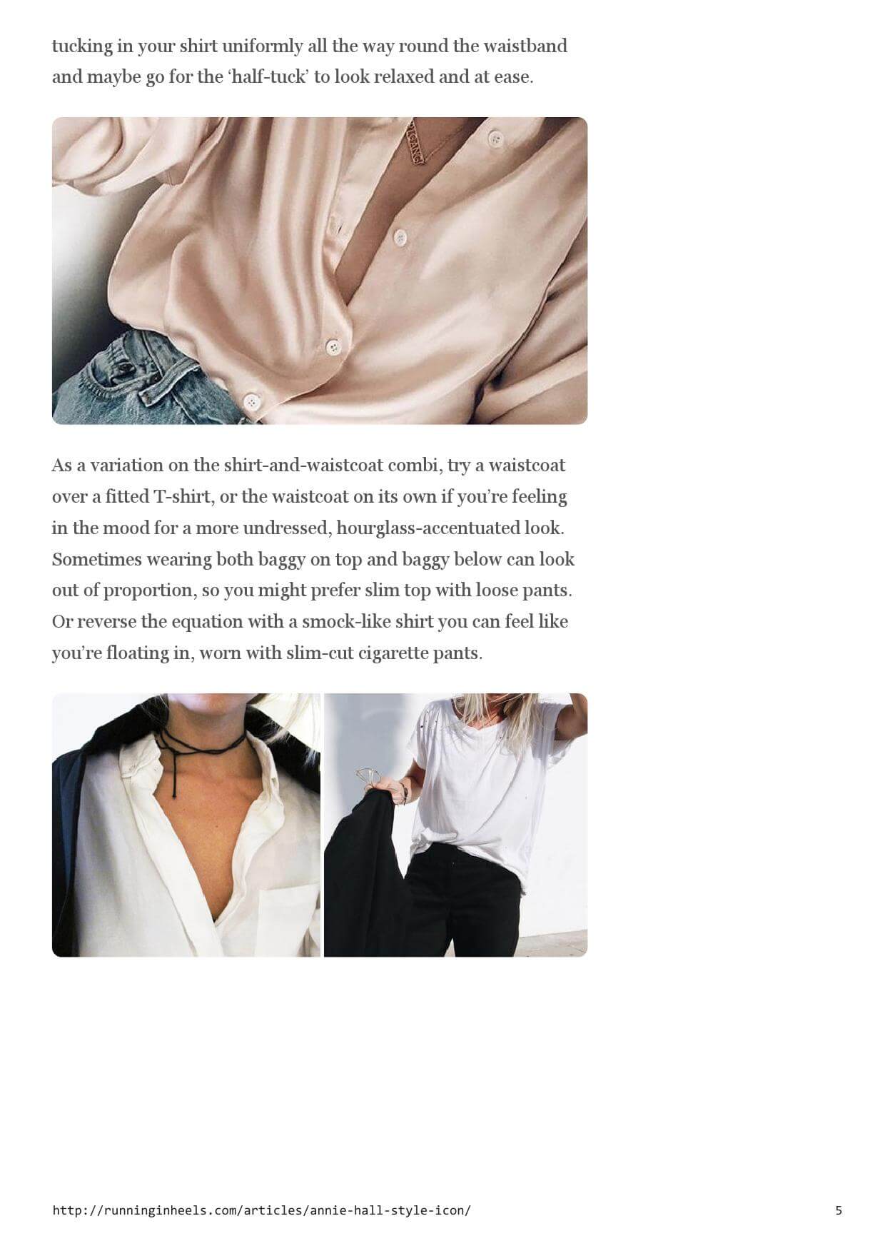Collage of fashion photos: a tan silk button-down shirt, a white t-shirt, and a person wearing a black choker and jacket.