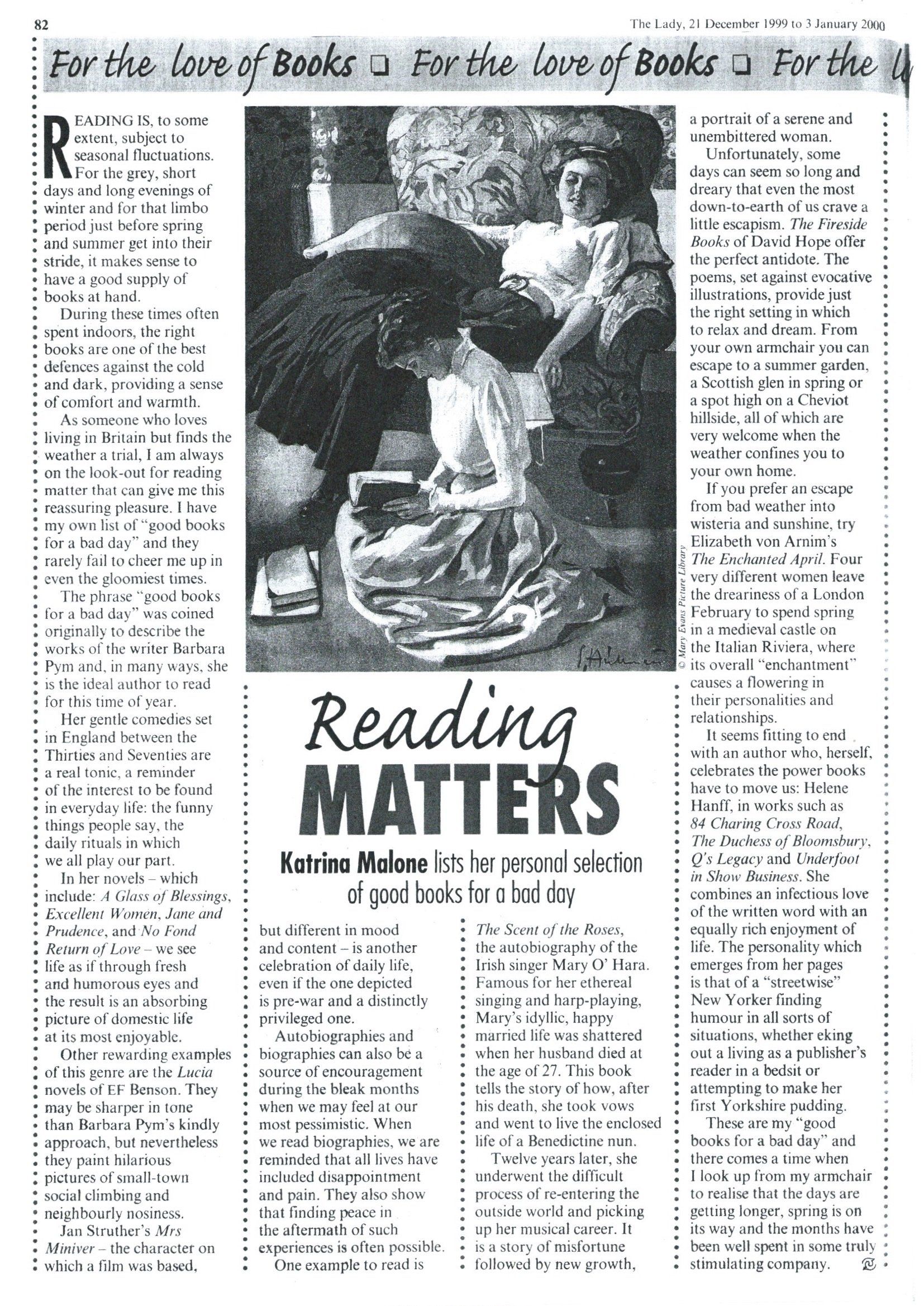 A newspaper article about reading featuring a black-and-white painting of people reading in a library setting.