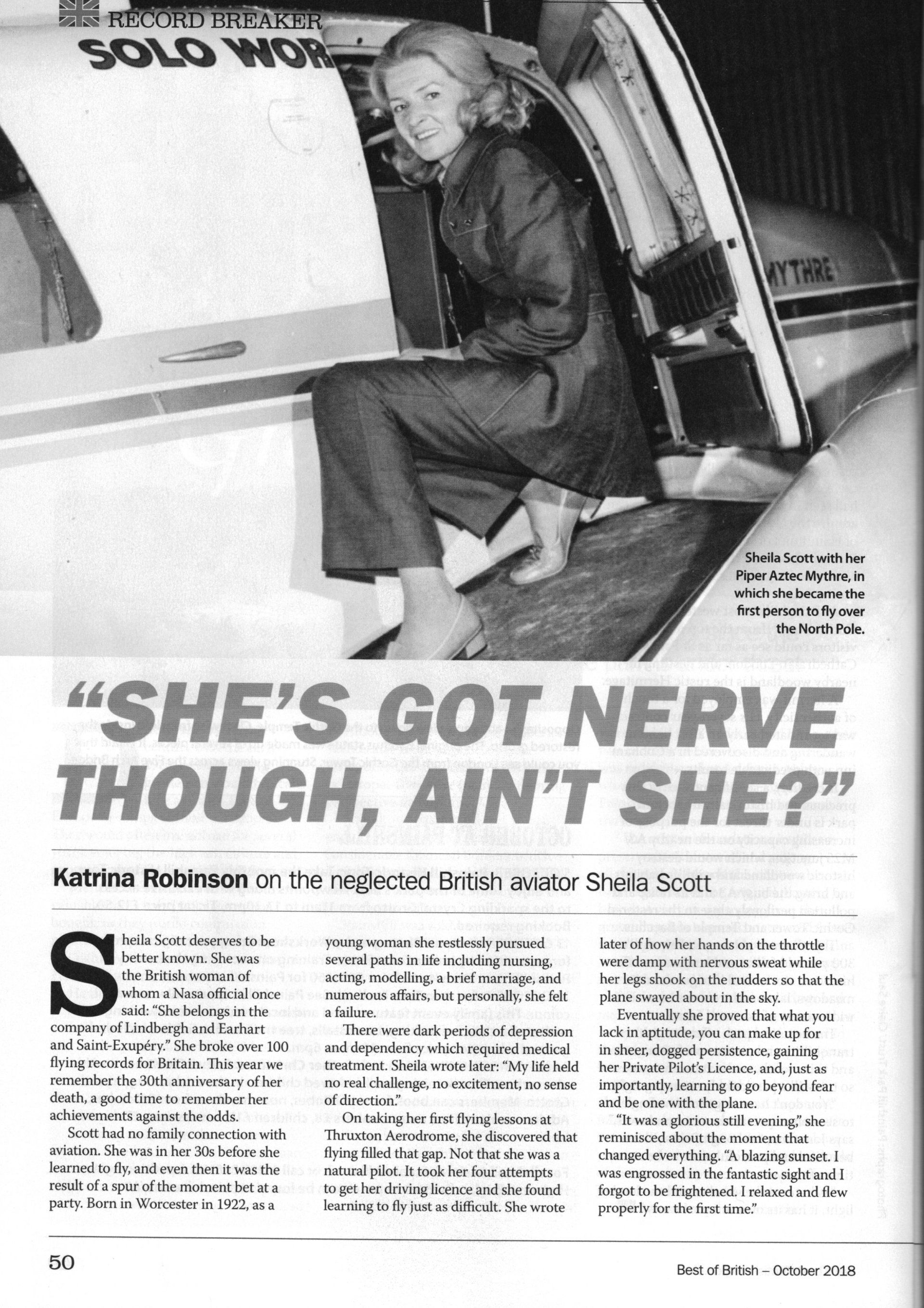 A black-and-white photo of a person stepping out of a small aircraft, with the headline