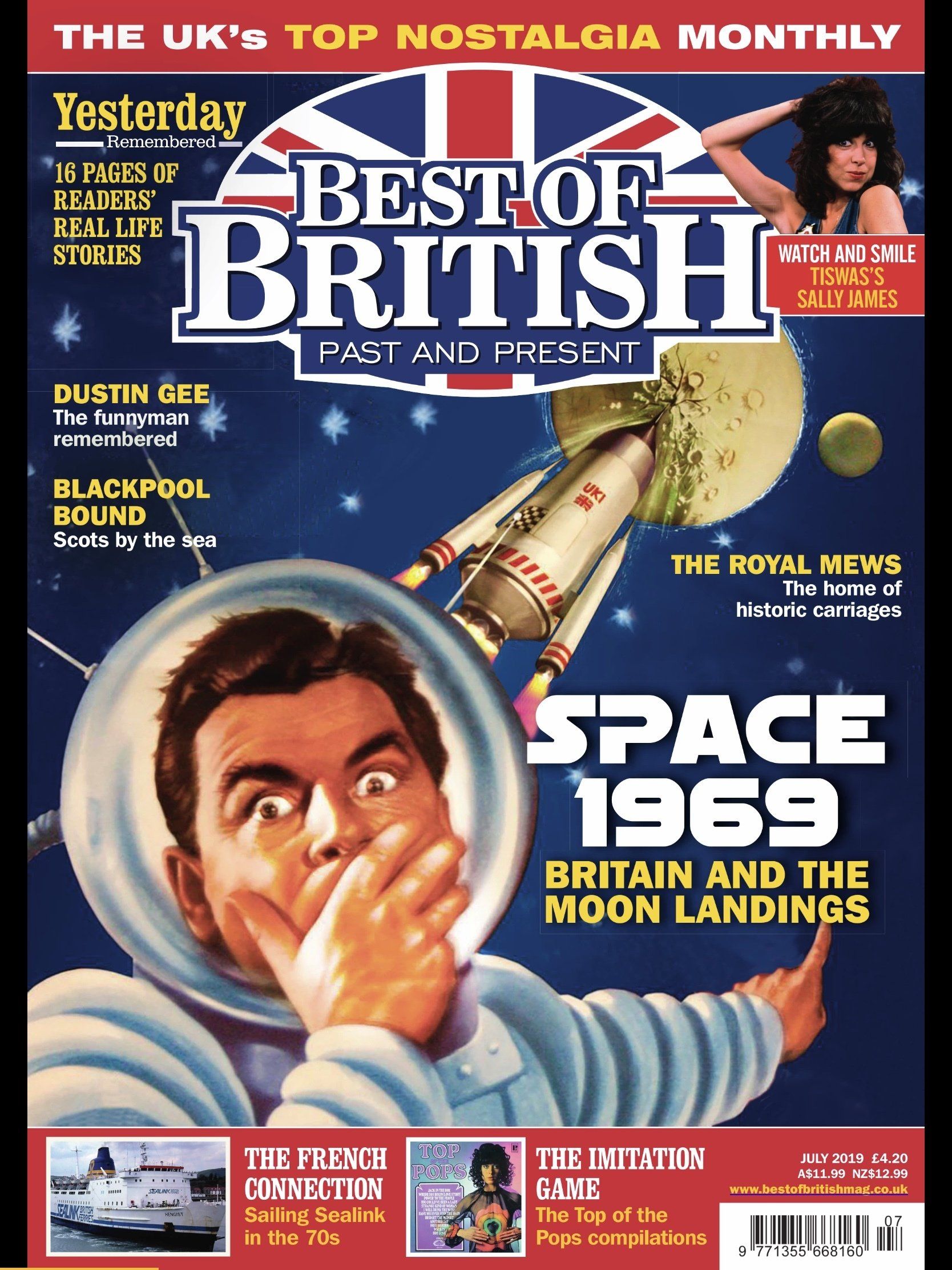 Cover of Best of British magazine featuring a vintage illustration of an astronaut looking shocked in space near the moon.