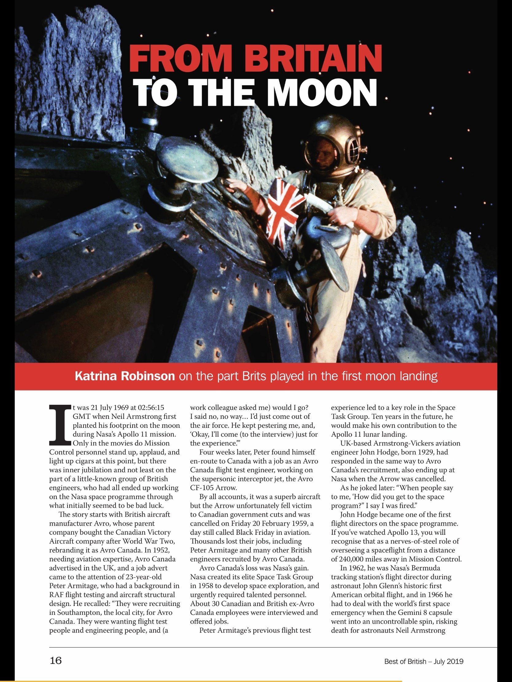 A person in a vintage deep-sea diving suit planting a British flag on a craggy, dark lunar landscape.