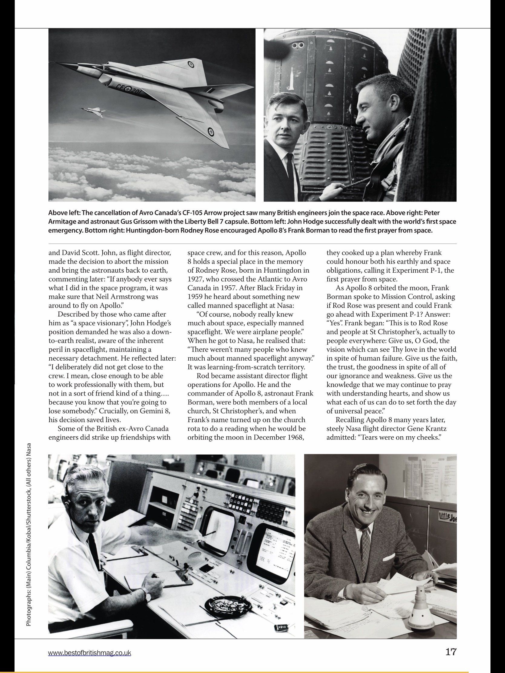 A collage of four historic black-and-white photos: an airplane, two men near a spacecraft, and two men at desks.