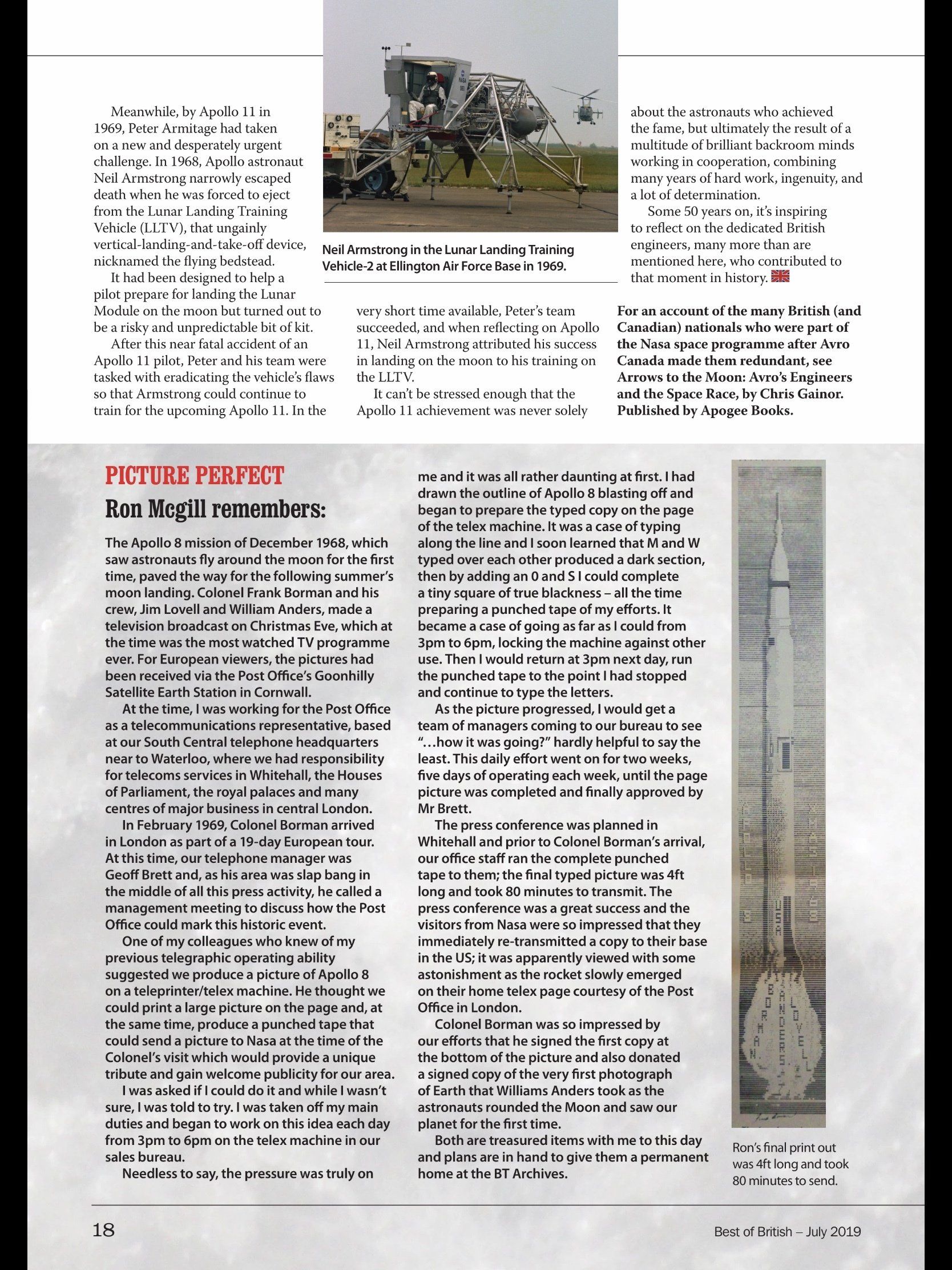 A magazine spread with an article about space exploration, featuring a lunar lander test vehicle and a Saturn V rocket.