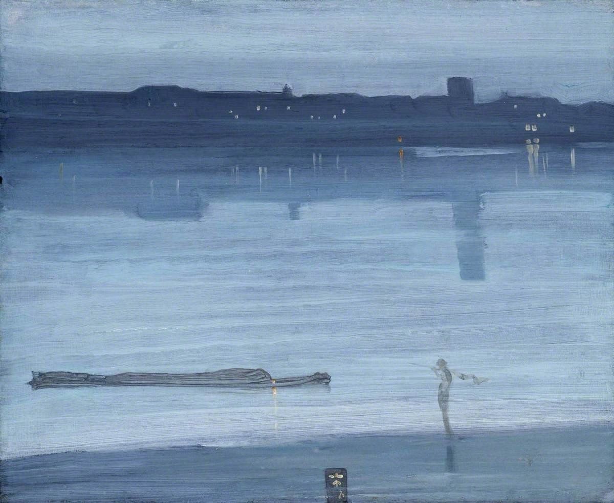 A moody, blue-toned landscape painting of a quiet waterfront at dusk with faint lights reflecting on the water.