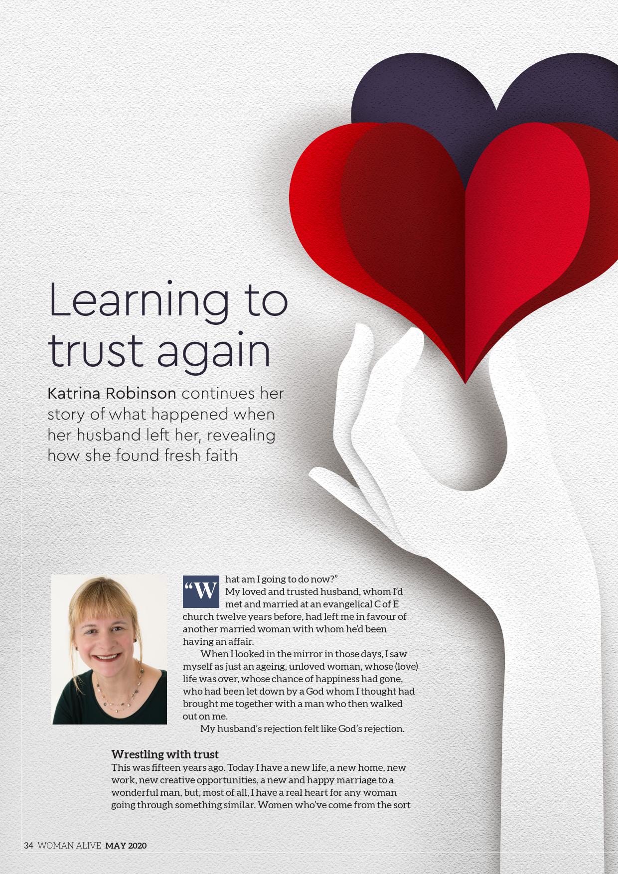 A graphic of a white hand holding a red and purple heart paper cutout, with text about learning to trust again.