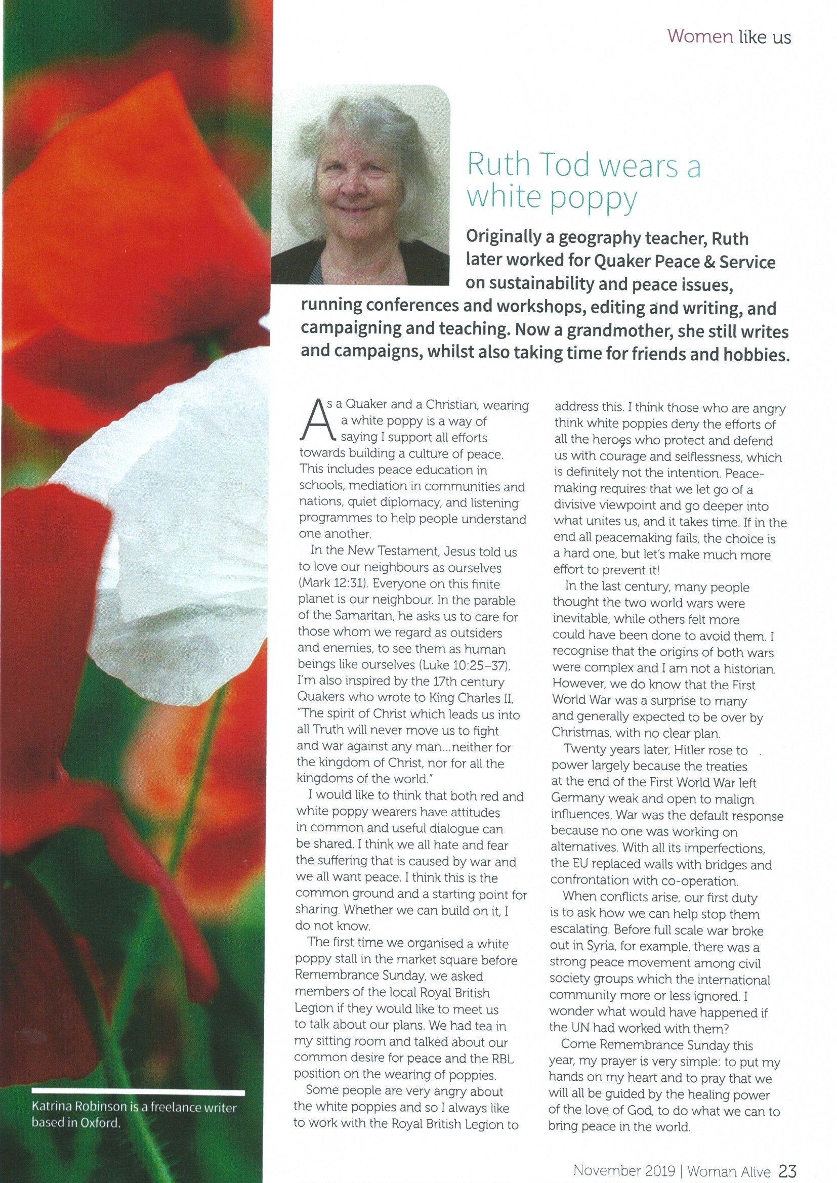 A headshot of a woman next to a column of text about gardening, framed by a large red poppy flower on the left.