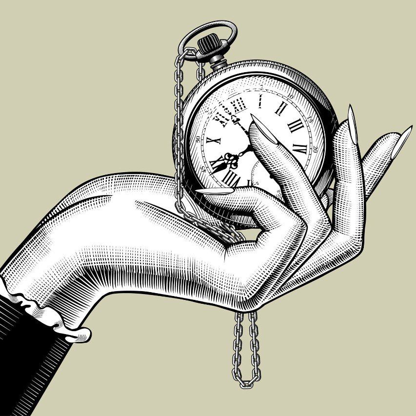 An ink-style illustration of a hand holding a vintage pocket watch with a chain against a solid light olive background.