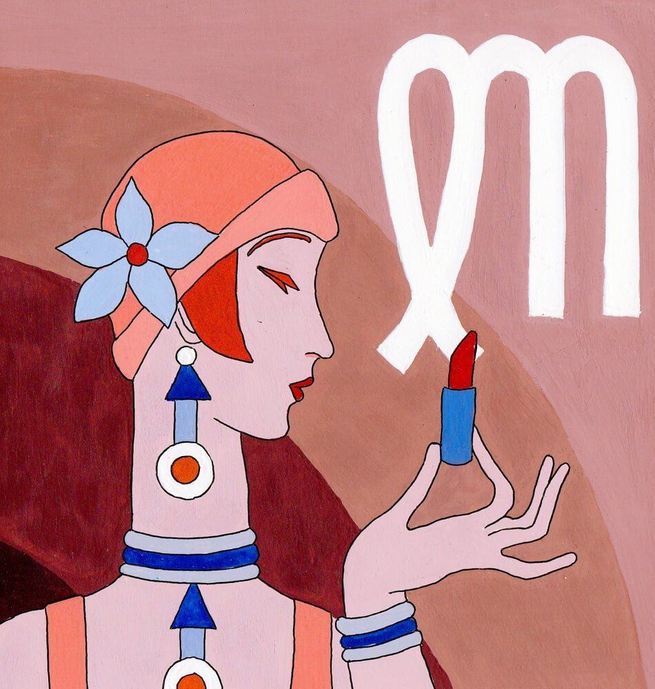 Art Deco style illustration of a person wearing a flower headpiece and blue jewelry, holding a red lipstick, near a symbol.