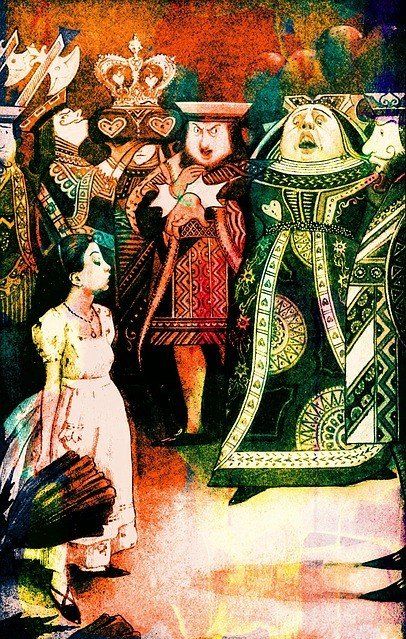 Alice stands before the King and Queen of Hearts in a colorful, stylized illustration of a courtroom scene.
