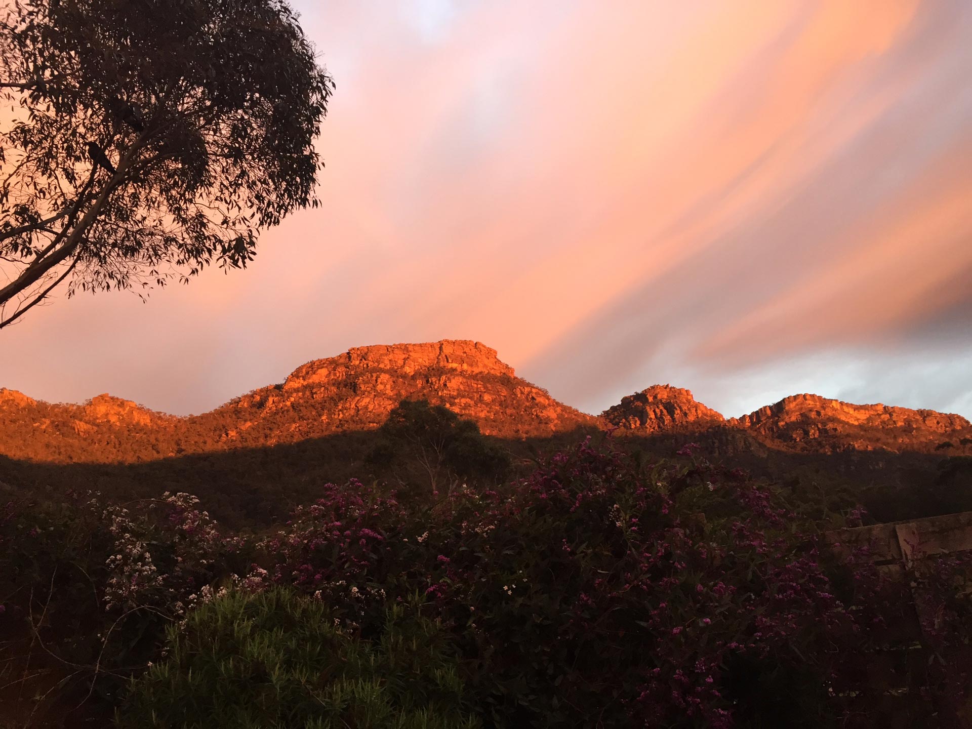 Mountain views at Halls Gap Valley Lodges. Sunrise over Serra Range, Pinnacle Lookout in the middle.