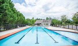 A large swimming pool surrounded by trees and a building.
