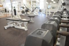 A row of dumbbells with the number 80 on them in a gym