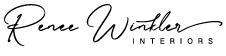 A black and white logo for renee winter interiors.