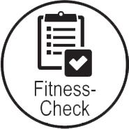 Ein Fitness-Check-Symbol mit einem Häkchen und einer Zwischenablage in einem Kreis.