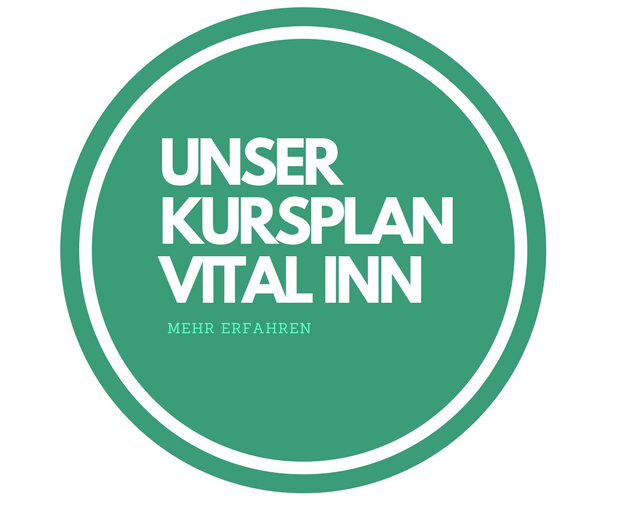 Ein grüner Kreis mit der Aufschrift „Unser Kursplan Vital Inn“.